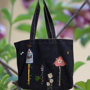 Denim Tote Bag Navy Hand Painted And Decorated Bird Houses Flowers Plastic Accen